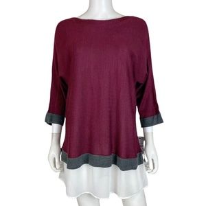 Liz Claiborne 3/4 Sleeve Woven Trim Burgundy Tunic Sweater NWT